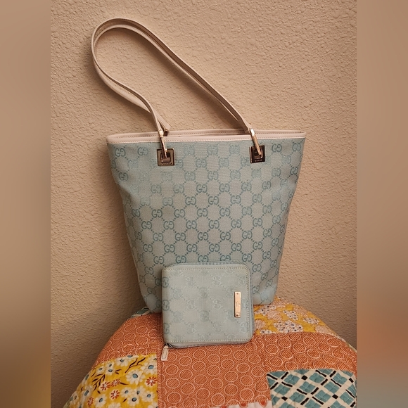 Gucci vintage mini GG canvas Bucket bag, baby blue with matching wallet - Picture 1 of 16